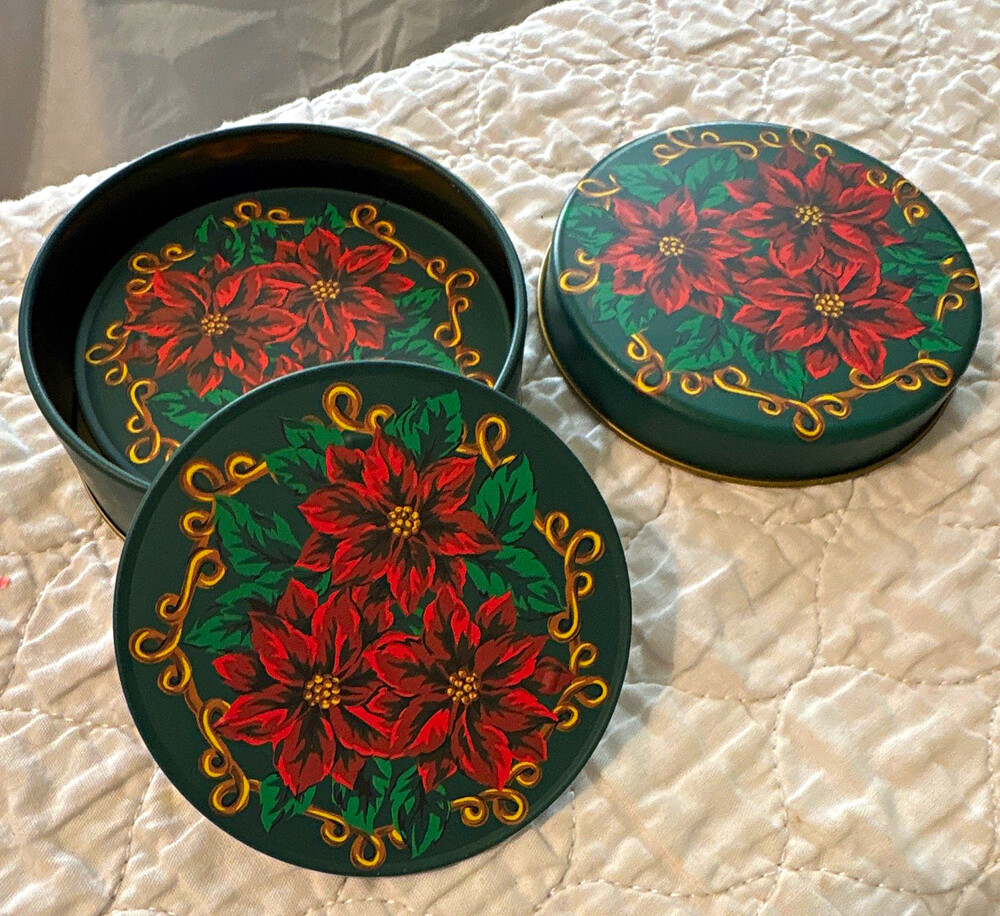 Set of 6 Round Christmas Poinsettia Floral Cork Coasters w/ Metal Tin